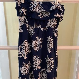 Strapless navy blue coral reef print dress